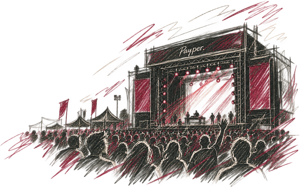 Ilustración de un festival con escenario Payper y público pagando sin efectivo